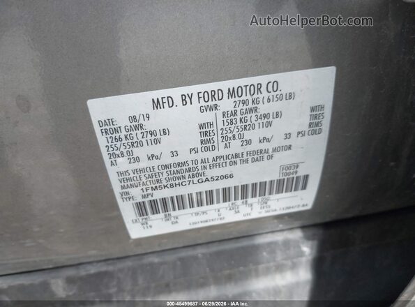 1FM5K8HC7LGA52066 2020 FORD EXPLORER Gray Շարժիչի բաժամունքի տեսք