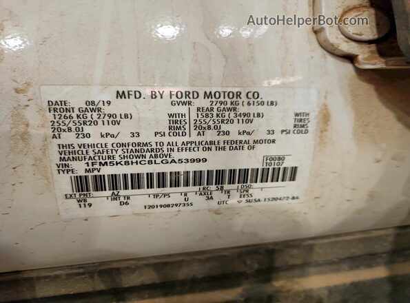 1FM5K8HC8LGA53999 2020 FORD EXPLORER White VIN კოდის სტიკერის ხედი
