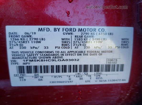 1FM5K8HC9LGA03032 2020 FORD EXPLORER Red 