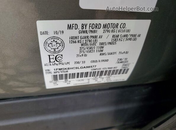 1FM5K8HC9LGA98577 2020 FORD EXPLORER Gray VIN sticker view