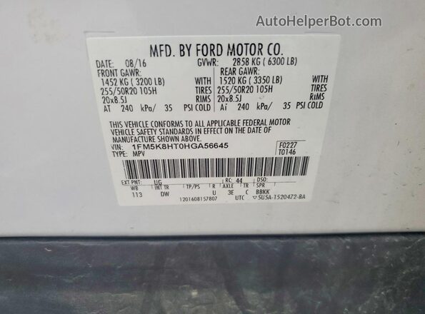 1FM5K8HT0HGA56645 2017 FORD EXPLORER White VIN sticker view
