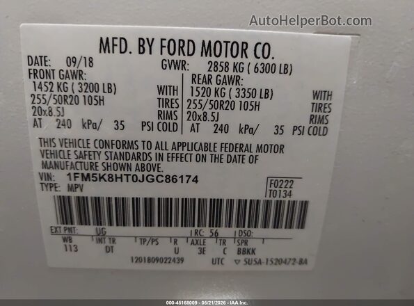 1FM5K8HT0JGC86174 2018 FORD EXPLORER Белый Вид подкапотного пространства