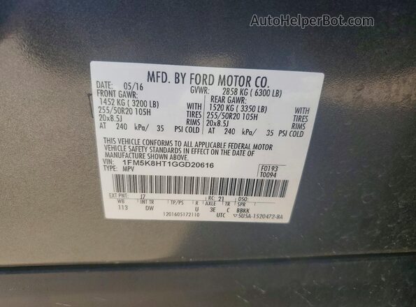 1FM5K8HT1GGD20616 2016 FORD EXPLORER Gray Widok naklejki z numerem VIN