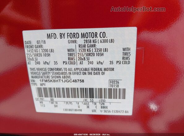 1FM5K8HT1JGC48758 2018 FORD EXPLORER Red Vista del compartimento del motor