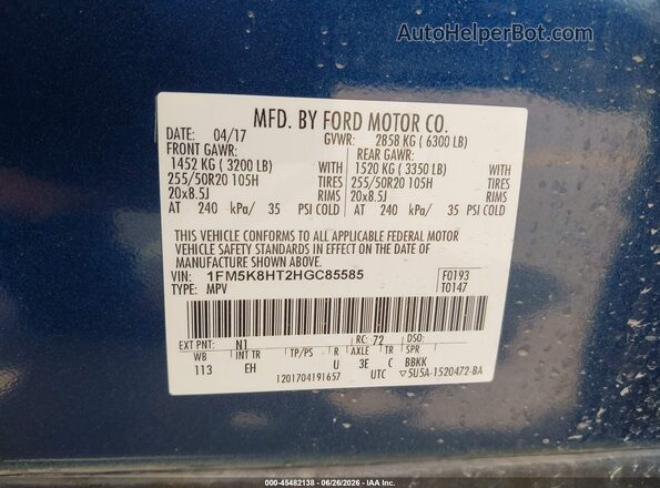 1FM5K8HT2HGC85585 2017 FORD EXPLORER Blue Շարժիչի բաժամունքի տեսք