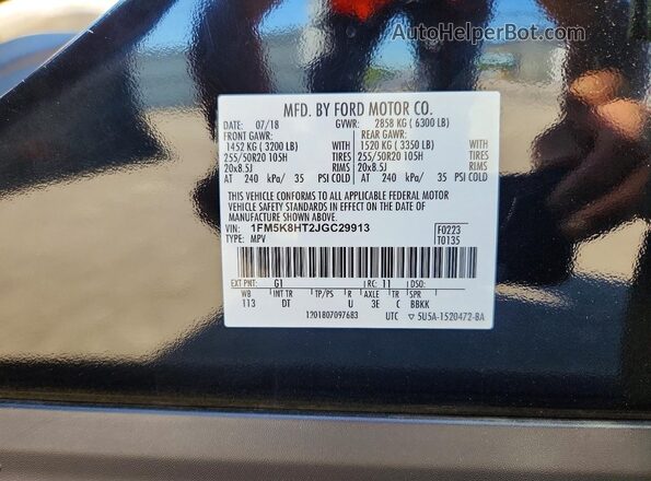 1FM5K8HT2JGC29913 2018 FORD EXPLORER Black Widok naklejki z numerem VIN