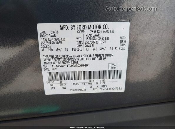 1FM5K8HT3GGC69491 2016 FORD EXPLORER Gray ძრავის განყოფილების ხედი