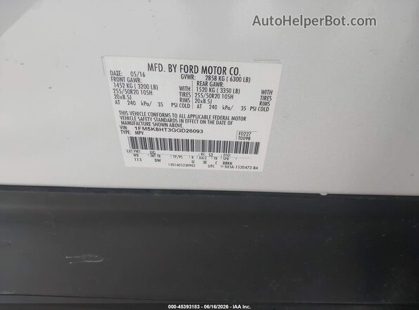 1FM5K8HT3GGD26093 2016 FORD EXPLORER White Vista del compartimento del motor