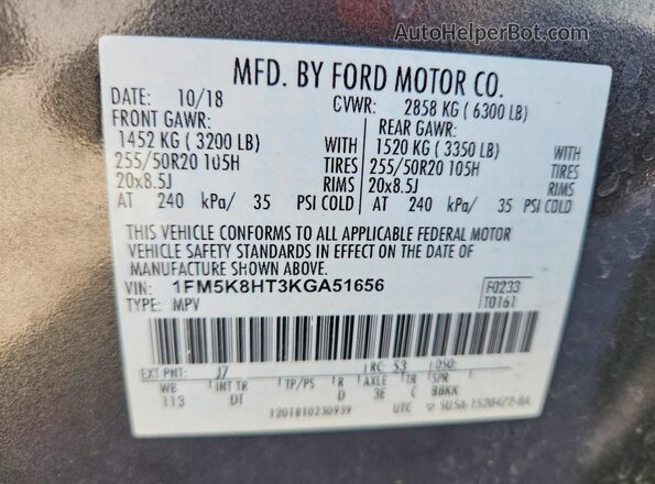1FM5K8HT3KGA51656 2019 FORD EXPLORER Gray Widok naklejki z numerem VIN