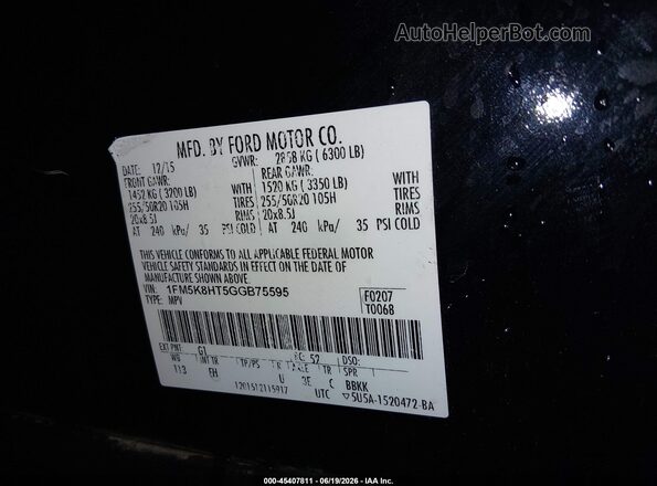 1FM5K8HT5GGB75595 2016 FORD EXPLORER Black Widok komory silnika