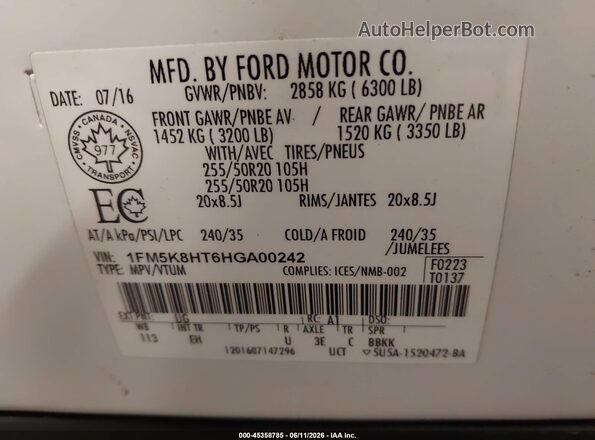 1FM5K8HT6HGA00242 2017 FORD EXPLORER White Vista del compartimento del motor