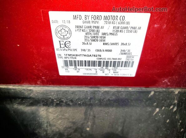1FM5K8HT7KGA78276 2019 FORD EXPLORER Red 