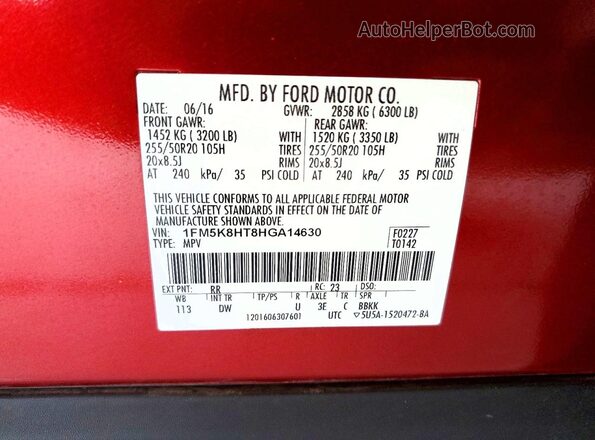 1FM5K8HT8HGA14630 2017 FORD EXPLORER Burgundy Vista de la etiqueta del VIN
