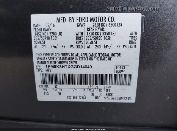1FM5K8HTXGGD14040 2016 FORD EXPLORER Gray Շարժիչի բաժամունքի տեսք