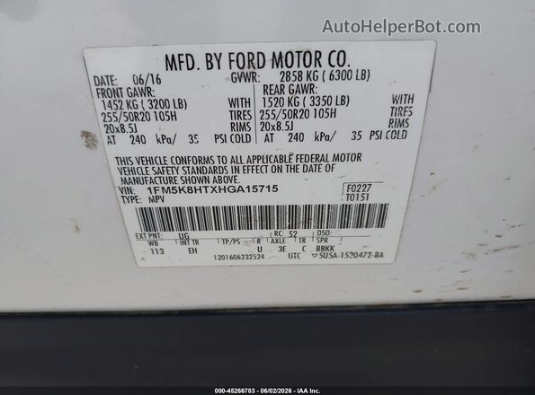 1FM5K8HTXHGA15715 2017 FORD EXPLORER Белый Вид подкапотного пространства