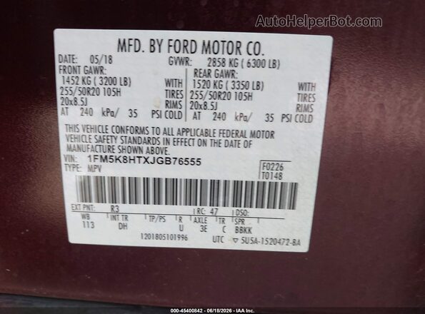 1FM5K8HTXJGB76555 2018 FORD EXPLORER Burgundy Widok komory silnika