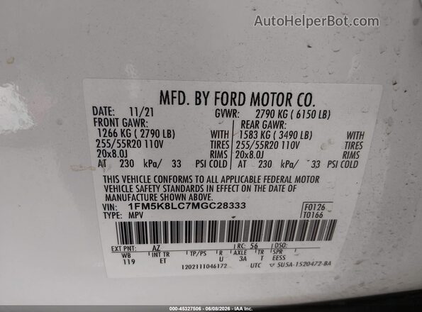 1FM5K8LC7MGC28333 2021 FORD EXPLORER White Вид підкапотного простору