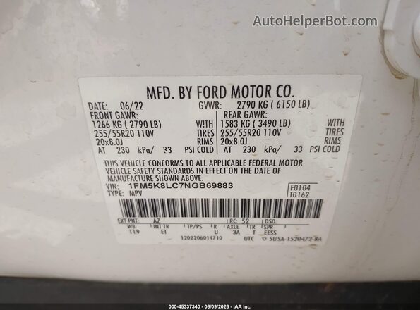 1FM5K8LC7NGB69883 2022 FORD EXPLORER White Engine compartment view