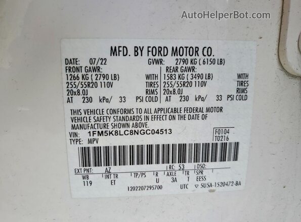 1FM5K8LC8NGC04513 2022 FORD EXPLORER Белый Вид наклейки с VIN-кодом