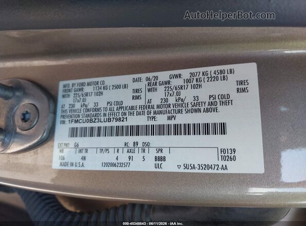 1FMCU0BZ3LUB79821 2020 FORD ESCAPE Tan Widok komory silnika