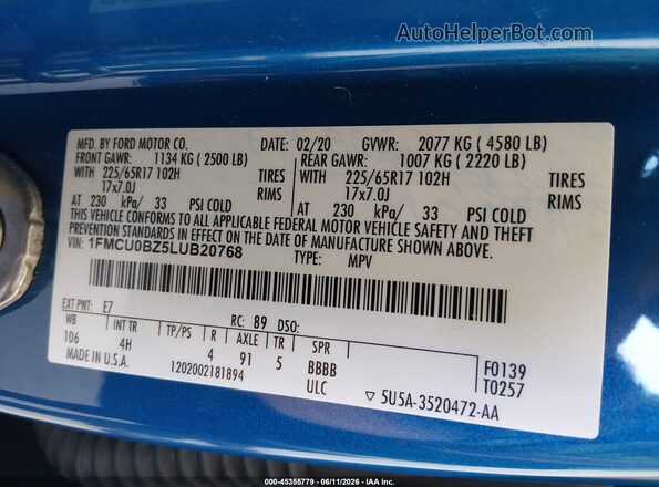 1FMCU0BZ5LUB20768 2020 FORD ESCAPE Blue ძრავის განყოფილების ხედი