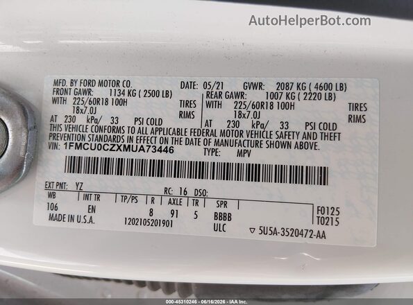 1FMCU0CZXMUA73446 2021 FORD ESCAPE White Вид підкапотного простору