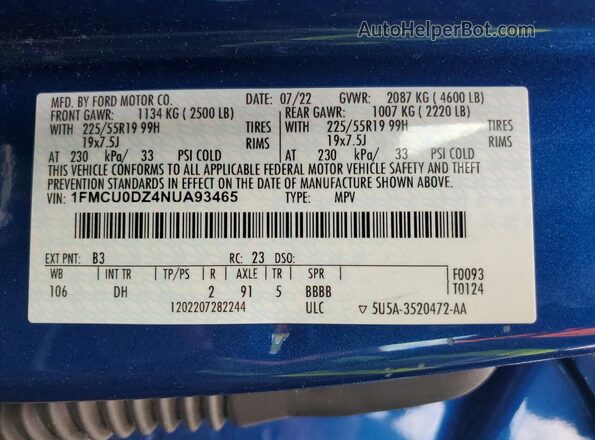 1FMCU0DZ4NUA93465 2022 FORD ESCAPE Blue Vista de la etiqueta del VIN