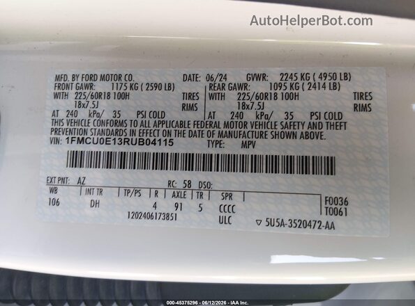 1FMCU0E13RUB04115 2024 FORD ESCAPE White Widok komory silnika