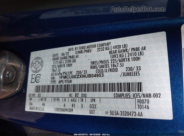 1FMCU0EZXNUB04953 2022 FORD ESCAPE PHEV Blue Vista del compartimento del motor