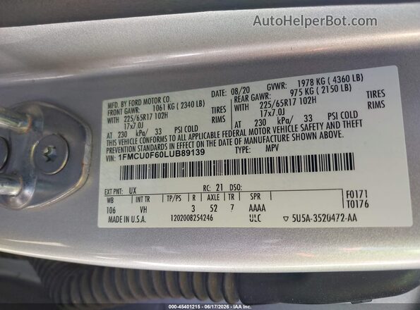 1FMCU0F60LUB89139 2020 FORD ESCAPE Silver 