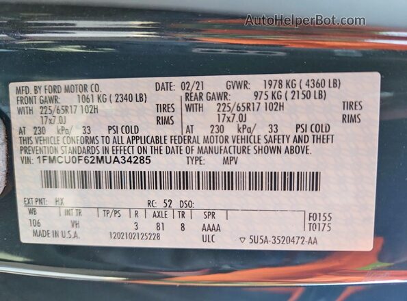 1FMCU0F62MUA34285 2021 FORD ESCAPE Черный Вид подкапотного пространства