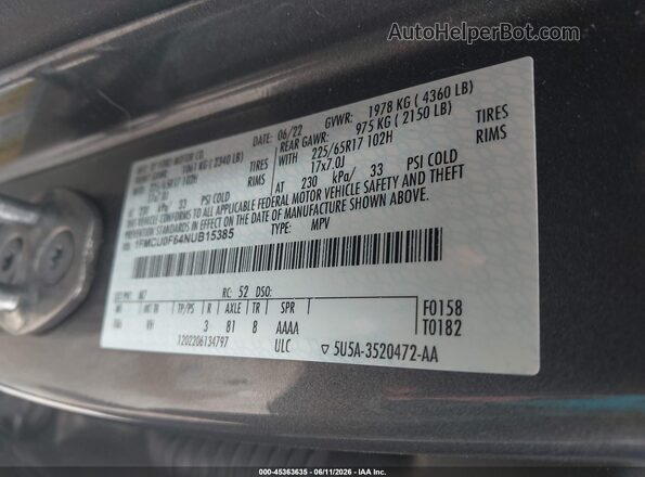 1FMCU0F64NUB15385 2022 FORD ESCAPE Gray Շարժիչի բաժամունքի տեսք