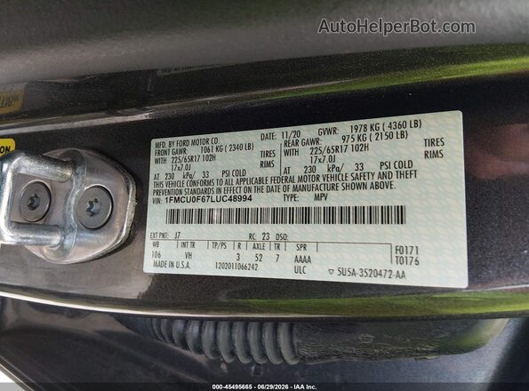 1FMCU0F67LUC48994 2020 FORD ESCAPE Silver ძრავის განყოფილების ხედი
