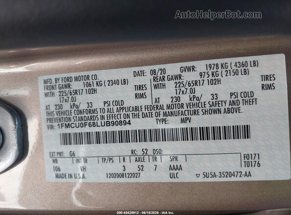 1FMCU0F68LUB90894 2020 FORD ESCAPE Желто-коричневый Вид подкапотного пространства