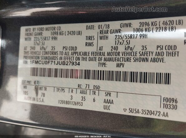 1FMCU0F71JUB27934 2018 FORD ESCAPE Серый Вид подкапотного пространства