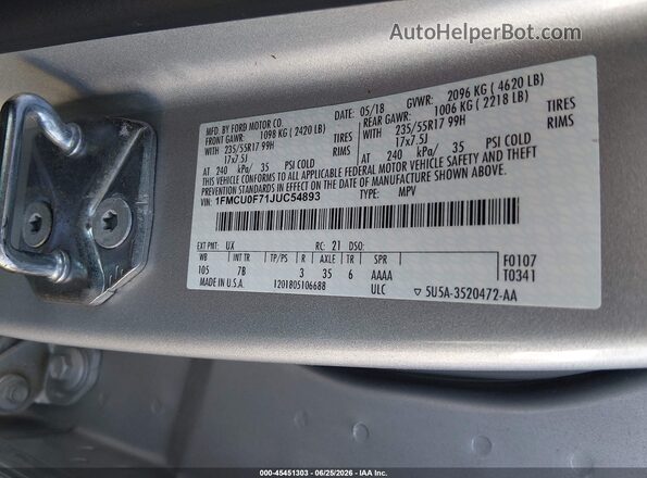 1FMCU0F71JUC54893 2018 FORD ESCAPE Silver ძრავის განყოფილების ხედი