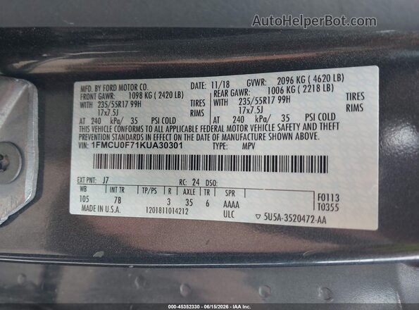 1FMCU0F71KUA30301 2019 FORD ESCAPE Gray Вид підкапотного простору