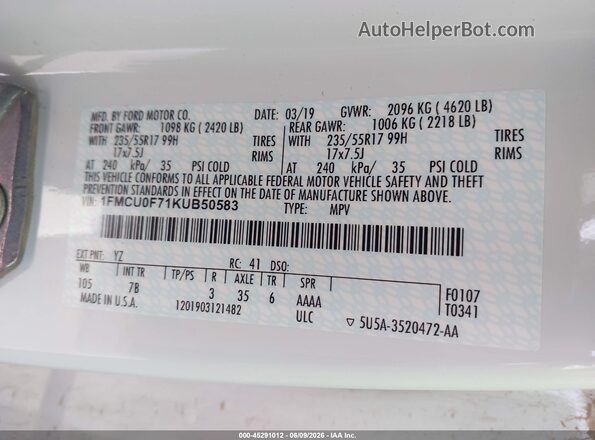 1FMCU0F71KUB50583 2019 FORD ESCAPE White 