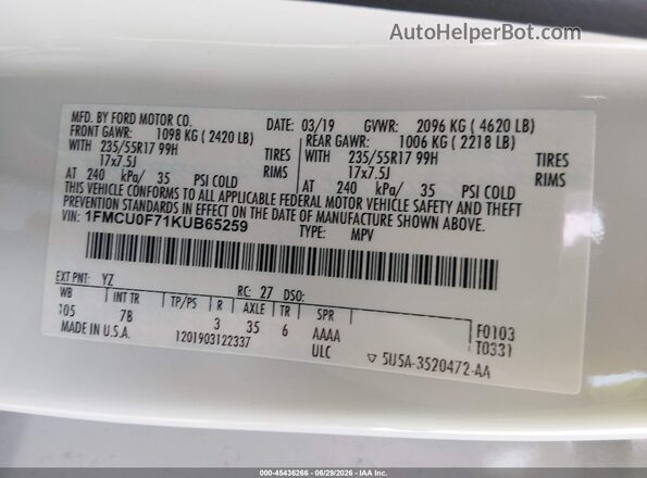 1FMCU0F71KUB65259 2019 FORD ESCAPE White Вид підкапотного простору