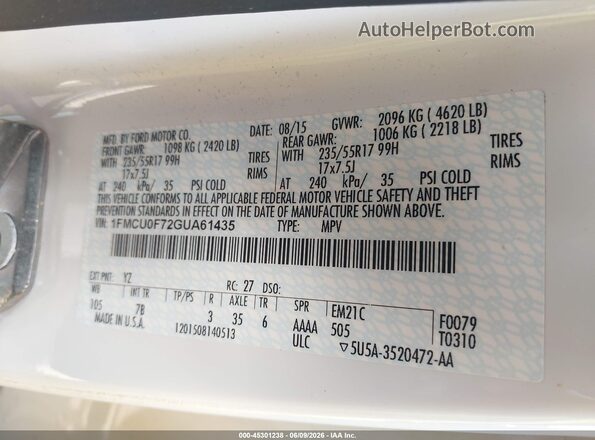 1FMCU0F72GUA61435 2016 FORD ESCAPE White 