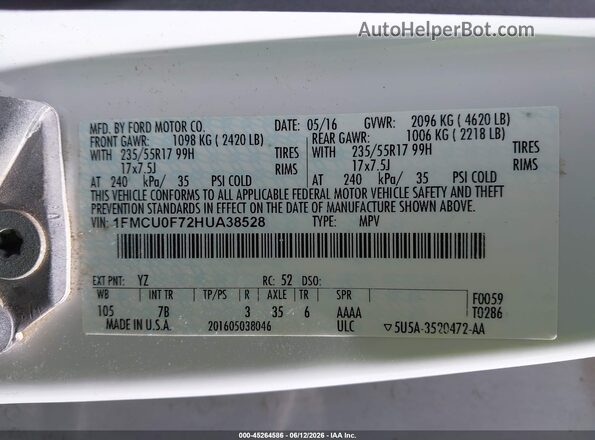 1FMCU0F72HUA38528 2017 FORD ESCAPE White 