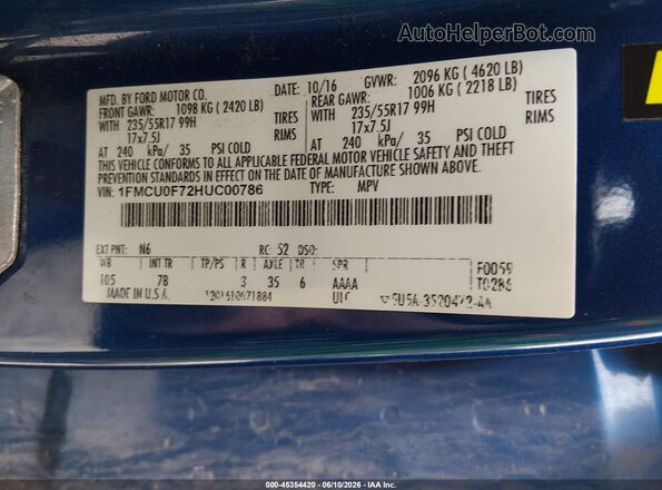 1FMCU0F72HUC00786 2017 FORD ESCAPE Blue Շարժիչի բաժամունքի տեսք