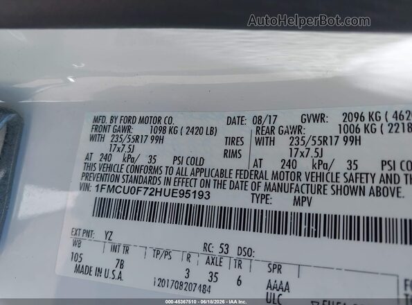 1FMCU0F72HUE95193 2017 FORD ESCAPE White Շարժիչի բաժամունքի տեսք