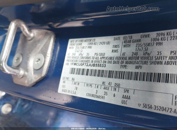 1FMCU0F72JUB55533 2018 FORD ESCAPE Синий Вид подкапотного пространства