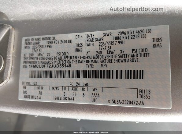 1FMCU0F72JUD55148 2018 FORD ESCAPE Silver Widok komory silnika
