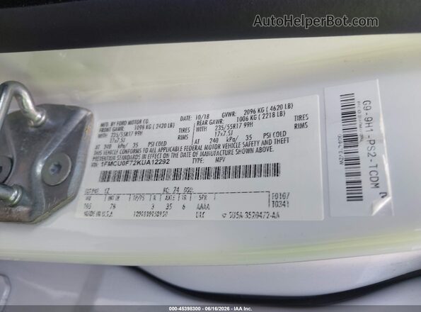 1FMCU0F72KUA12292 2019 FORD ESCAPE Белый Вид подкапотного пространства