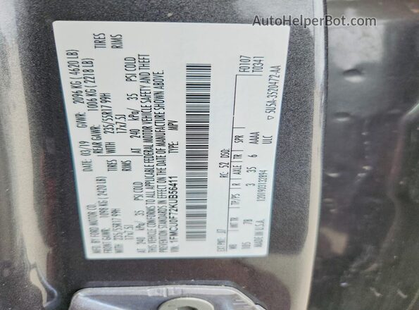 1FMCU0F72KUB56411 2019 FORD ESCAPE Gray Engine compartment view