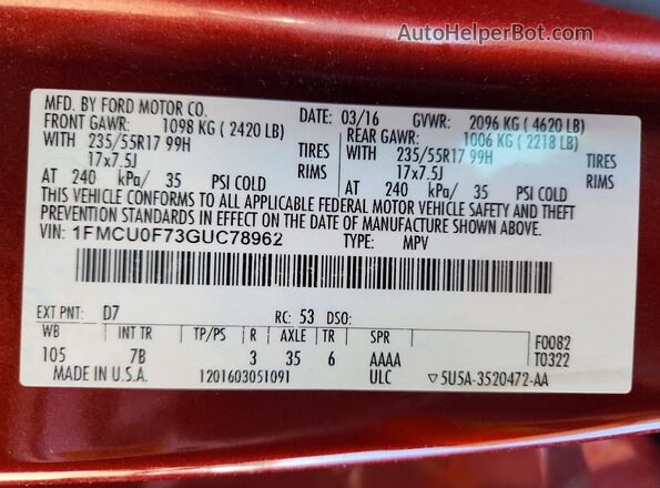 1FMCU0F73GUC78962 2016 FORD ESCAPE Burgundy Սալոնի 360 աստիճան տեսք