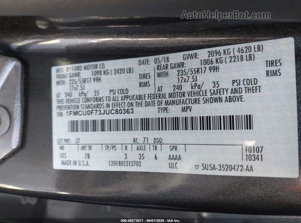 1FMCU0F73JUC80363 2018 FORD ESCAPE Серый 