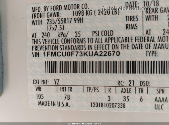 1FMCU0F73KUA22670 2019 FORD ESCAPE White ძრავის განყოფილების ხედი